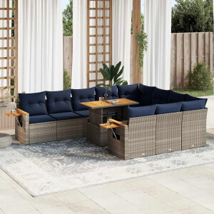 vidaXL 11-delige Loungeset met kussens poly rattan acacia grijs