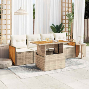 vidaXL 5-delige Loungeset met kussens poly rattan en acaciahout beige