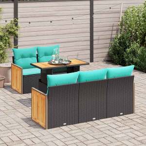 vidaXL 6-delige tuinbankset met kussens, zwart polyrotan en acacia