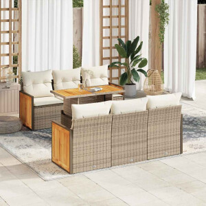 vidaXL 7-delige Loungeset met kussens poly rattan acacia beige