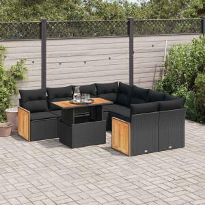 vidaXL 9-delige Loungeset met kussens poly rattan acacia zwart