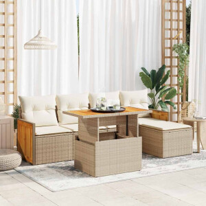 vidaXL 6-delige Loungeset met kussens poly rattan acacia beige