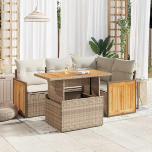 vidaXL 5-delige Loungeset met kussens poly rattan en acaciahout beige