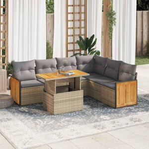 vidaXL 7-delige Loungeset met kussens poly rattan acacia beige