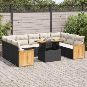 vidaXL 10-delige Loungeset met kussens poly rattan acacia zwart
