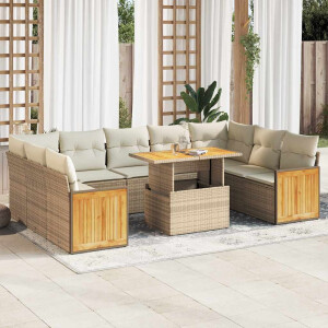 vidaXL 10-delige Loungeset met kussens poly rattan acacia beige