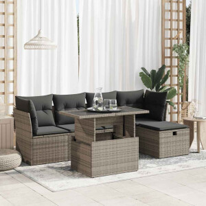 vidaXL 6-delige Loungeset met kussens poly rattan grijs