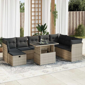 vidaXL 9-delige Loungeset met kussens poly rattan lichtgrijs
