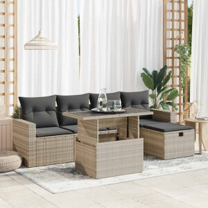 vidaXL 6-delige Loungeset met kussens poly rattan lichtgrijs