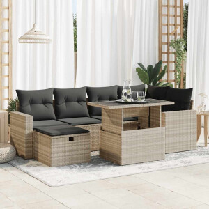 vidaXL 7-delige Loungeset met kussens poly rattan lichtgrijs
