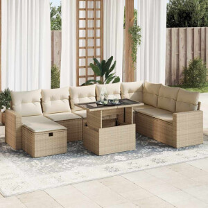 vidaXL 9-delige Loungeset met kussens poly rattan beige