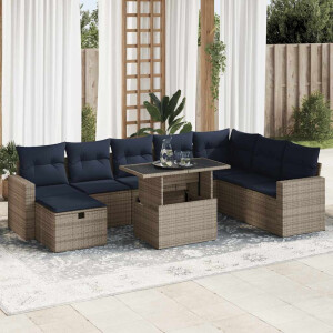 vidaXL 9-delige Loungeset met kussens poly rattan grijs