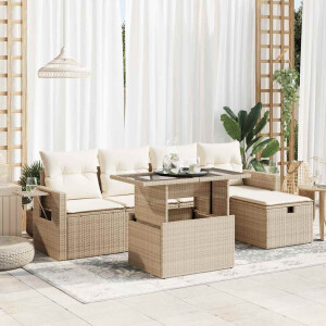 vidaXL 6-delige Loungeset met kussens poly rattan beige