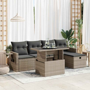 vidaXL 6-delige Loungeset met kussens poly rattan grijs