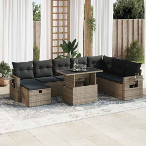 vidaXL 9-delige Loungeset met kussens poly rattan grijs