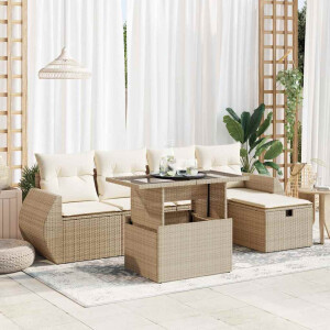 vidaXL 6-delige Loungeset met kussens poly rattan beige