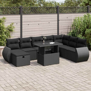 vidaXL 9-delige Loungeset met kussens poly rattan zwart