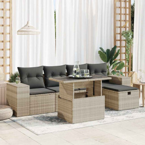 vidaXL 6-delige Loungeset met kussens poly rattan lichtgrijs