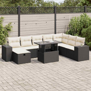 vidaXL 9-delige Loungeset met kussens poly rattan zwart