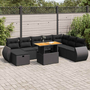 vidaXL 9-delige Loungeset met kussens poly rattan acacia zwart