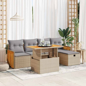 vidaXL 6-delige Loungeset met kussens poly rattan beige