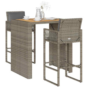 vidaXL 3-delige Tuinbarset met kussens poly rattan acacia grijs
