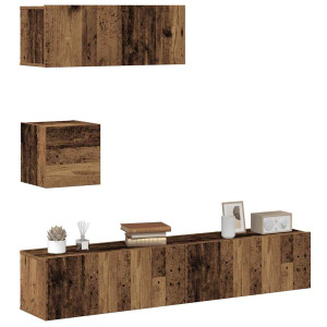 vidaXL 4-delig Tv-meubelset wandmontage bewerkt hout oud houtkleurig