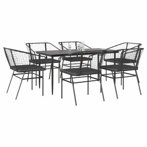 vidaXL 7-delige Tuinset met kussens poly rattan glas zwart