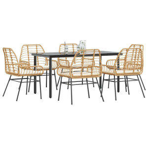 vidaXL 7-delige Tuinset met kussens poly rattan glas bruin