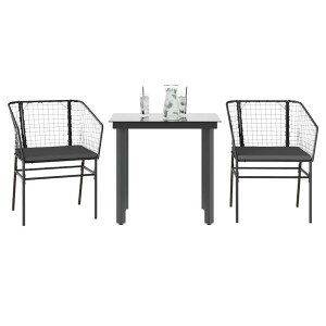 vidaXL 3-delige Tuinset met kussens poly rattan glas zwart