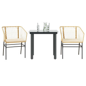 vidaXL 3-delige Tuinset met kussens poly rattan glas bruin