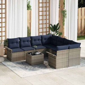 vidaXL Tuin Sofa Set met kussen 9 pcs Grijs en Marineblauw poly rattan