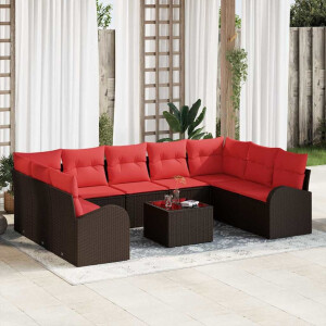 vidaXL Bankstel met kussen 10 pcs Bruin Poly Rattan