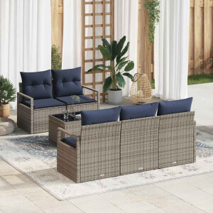 vidaXL Bankstel 6 pcs Grijs en Marineblauw poly rattan