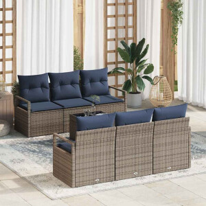 vidaXL Bankstel met kussen 7 pcs Grijs en Marineblauw poly rattan
