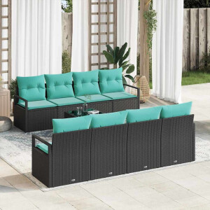 vidaXL Bankstel met kussen 7 pcs Zwart en Lichtblauw poly rattan