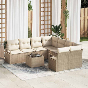 vidaXL Bankstel met kussen 9 pcs Beige en Crème poly rattan