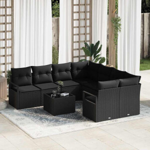 vidaXL Bankstel met kussen 9 pcs Zwart poly rattan