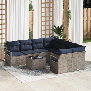 vidaXL Bankstel met kussen 9 pcs Grijs en Marineblauw poly rattan