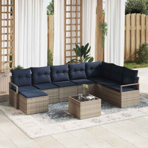 vidaXL Bankstel met kussen 9 pcs Grijs poly rattan