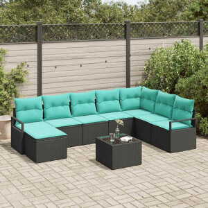 vidaXL Bankstel met kussen 9 pcs Zwart poly rattan