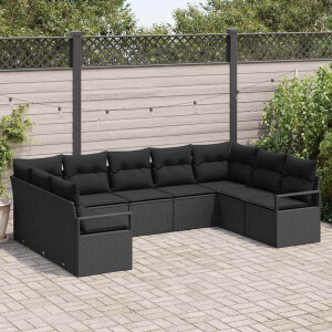 vidaXL Bankstel met kussen 9 pcs Zwart poly rattan