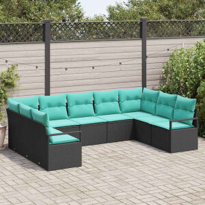 vidaXL Bankstel met kussen 9 pcs Zwart poly rattan