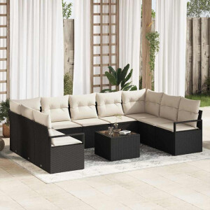 vidaXL Bankstel met kussen 10 pcs Zwart poly rattan