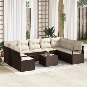 vidaXL Bankstel met kussen 10 pcs Bruin poly rattan