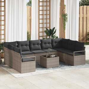 vidaXL Bankstel met kussen 10 pcs Grijs poly rattan