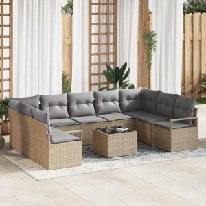 vidaXL Bankstel met kussen 10 pcs Beige poly rattan