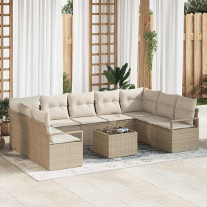 vidaXL Bankstel met kussen 10 pcs Beige poly rattan