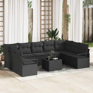 vidaXL Bankstel met kussen 10 pcs Zwart poly rattan