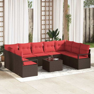 vidaXL Bankstel met kussen 10 pcs Bruin poly rattan